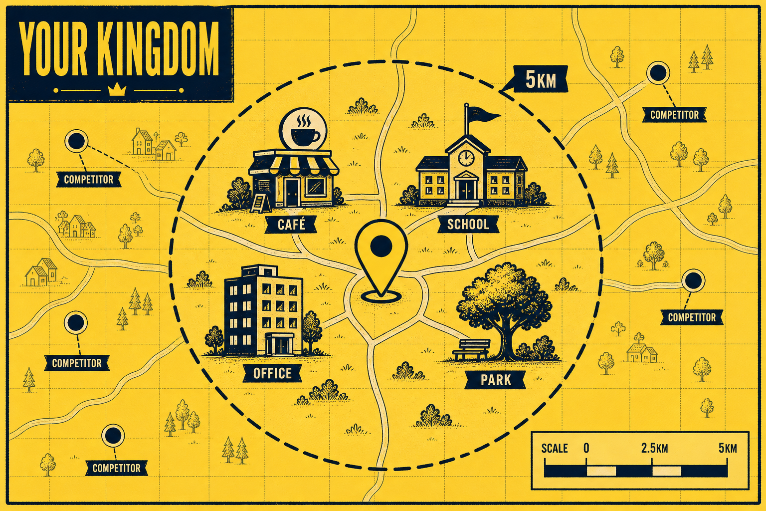 A stylised map showing a 5km radius around a central pin with local hubs marked
